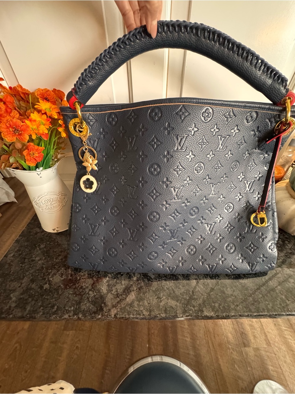 Designer Inspired Navy Embossed Monogram Shoulder Bag with Gold Accents